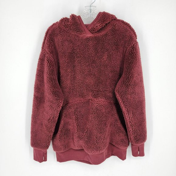 Athleta Solstice Hoodie Small Maple Red Reversible Sherpa Sweatshirt Thumb Holes - Picture 3 of 13